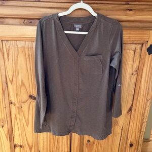 J Jill Top Brown V Neck 3/4 Sleeves w Button Roll Up 100% Cotton Pocket Medium